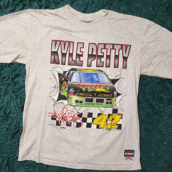 Vintage 1993 Kyle Petty #42 Mello Yello NASCAR Tee L Nutmeg Mills Double Sided - Picture 1 of 8